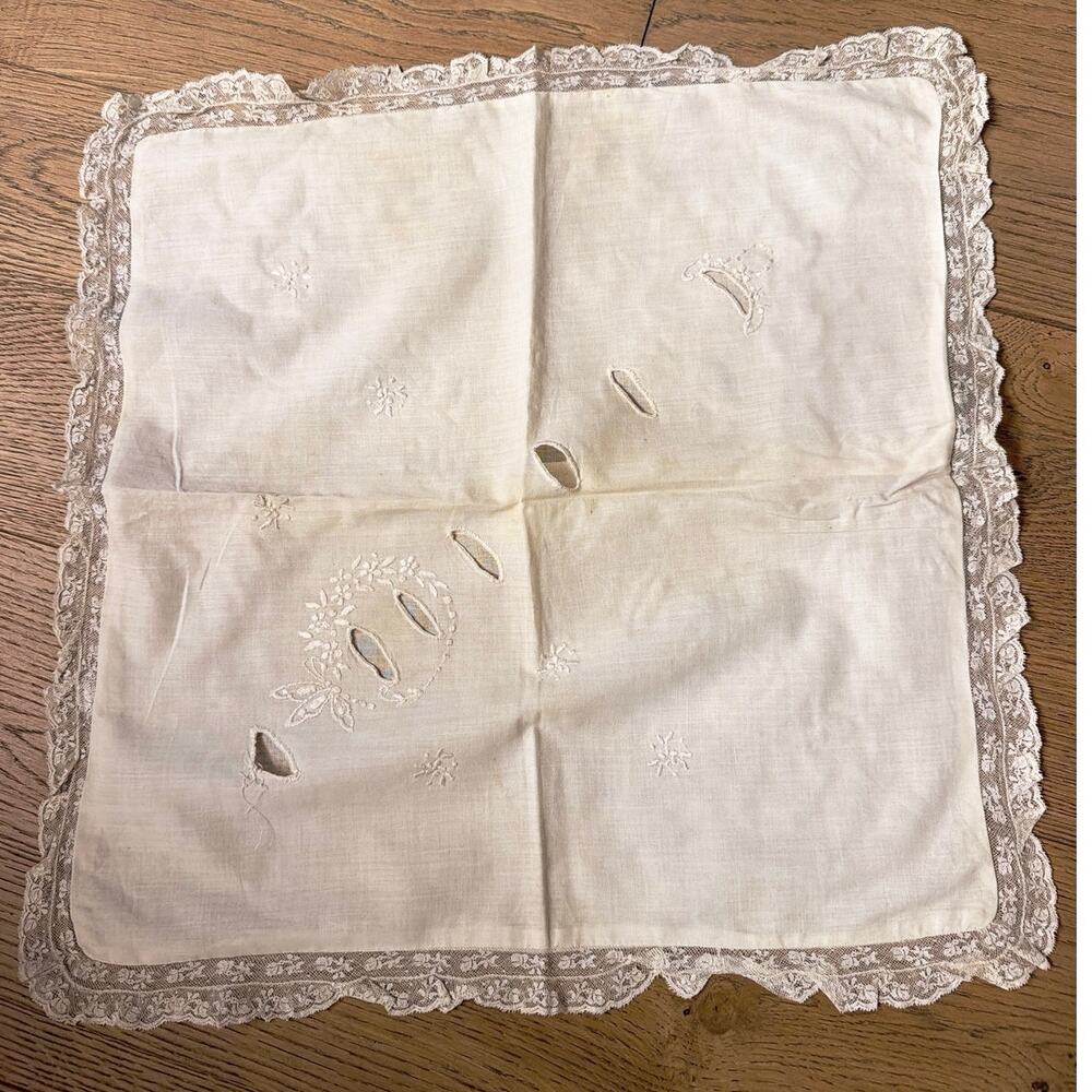 Antique Handmade White Linen Eyelet Cutouts Pillow Sham Cover Lace Border